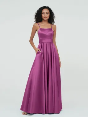 A-ligne Bretelles Spaghetti Robes Maxi en Satin Orchidee