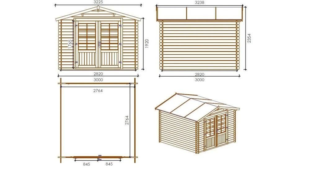 Abri de jardin en bois - 3x3 m + terrasse avec balustrade et avant-toit en bois - 18 m2 - dom530+dom394+dom395+pod04 - altanka