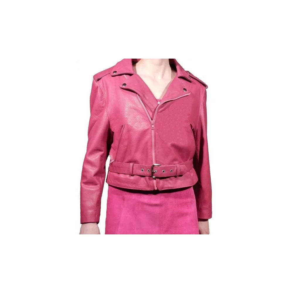 Blouson cuir femme perfecto court vachette sauvage couleur rose modèle Leonara