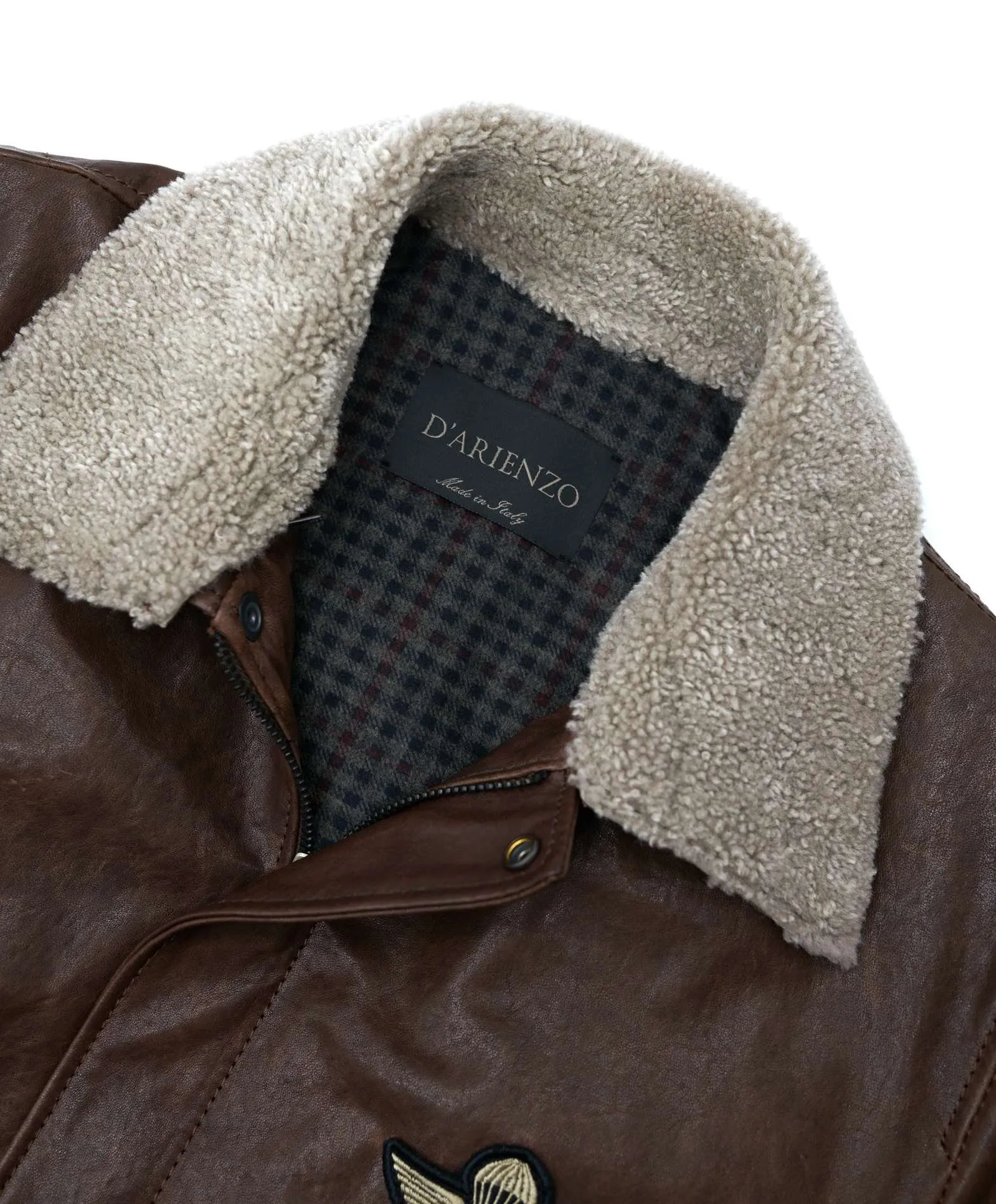 Blouson cuir homme style bomber emblèmes aspect vintage marron Aviator