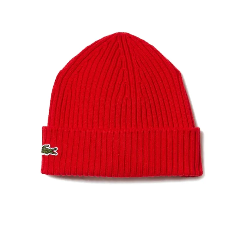 BONNET COTELÉ LACOSTE EN LAINE UNI ROUGE