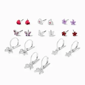 Boucles d’oreilles aux designs variés papillons et fleurs couleur argentée - Lot de 9