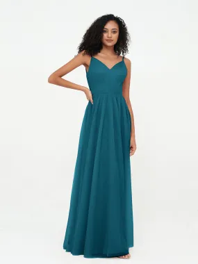 Bretelles Spaghetti Robes Maxi Plissé en Tulle Bleu Encre Grande Taille