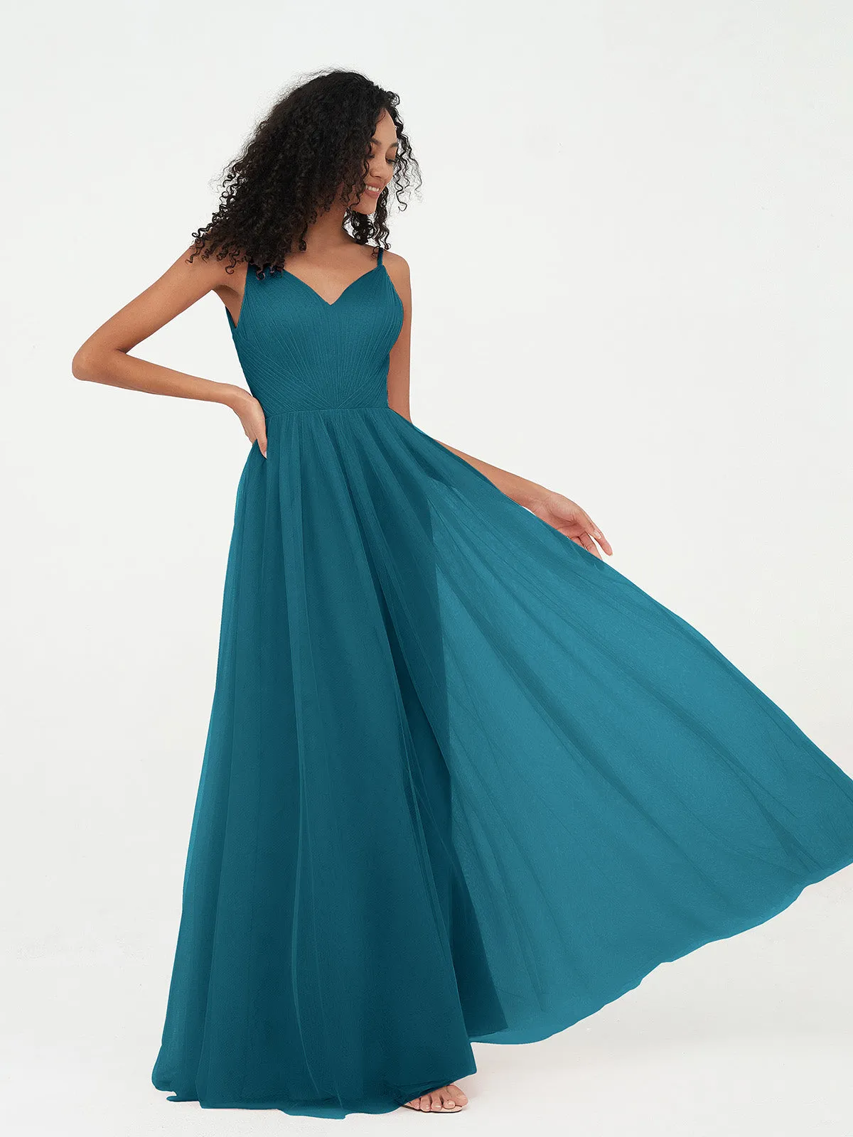 Bretelles Spaghetti Robes Maxi Plissé en Tulle Bleu Encre Grande Taille