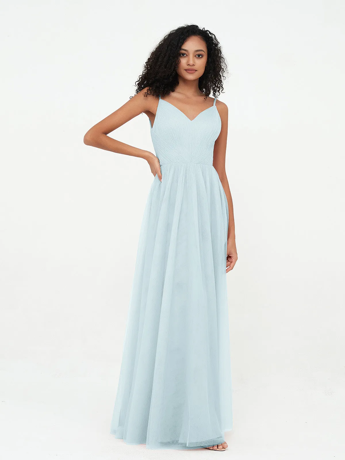 Bretelles Spaghetti Robes Maxi Plissé en Tulle Brume