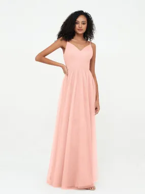 Bretelles Spaghetti Robes Maxi Plissé en Tulle Corail