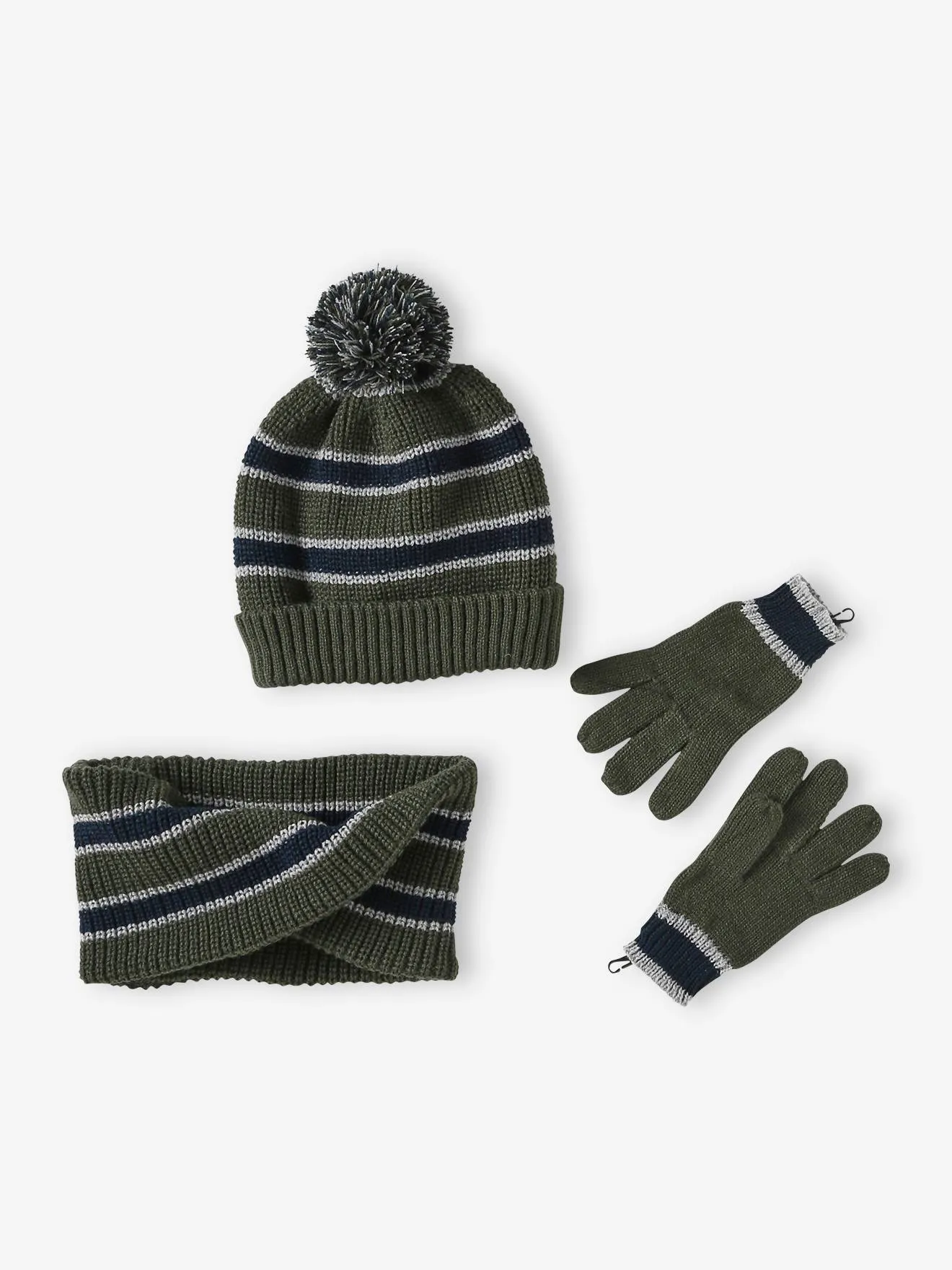 Ensemble bonnet + snood + gants ou moufles en maille côtes perlées garçon kaki - Vertbaudet