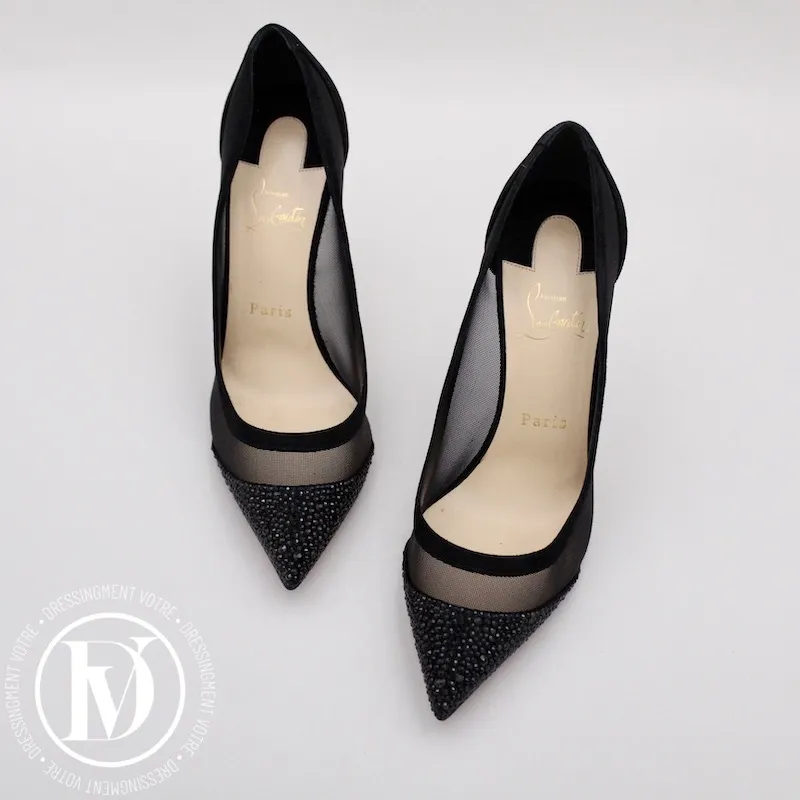 Escarpins Galativi Strass 100 résille et suède noir p.38,5 – Christian Louboutin
