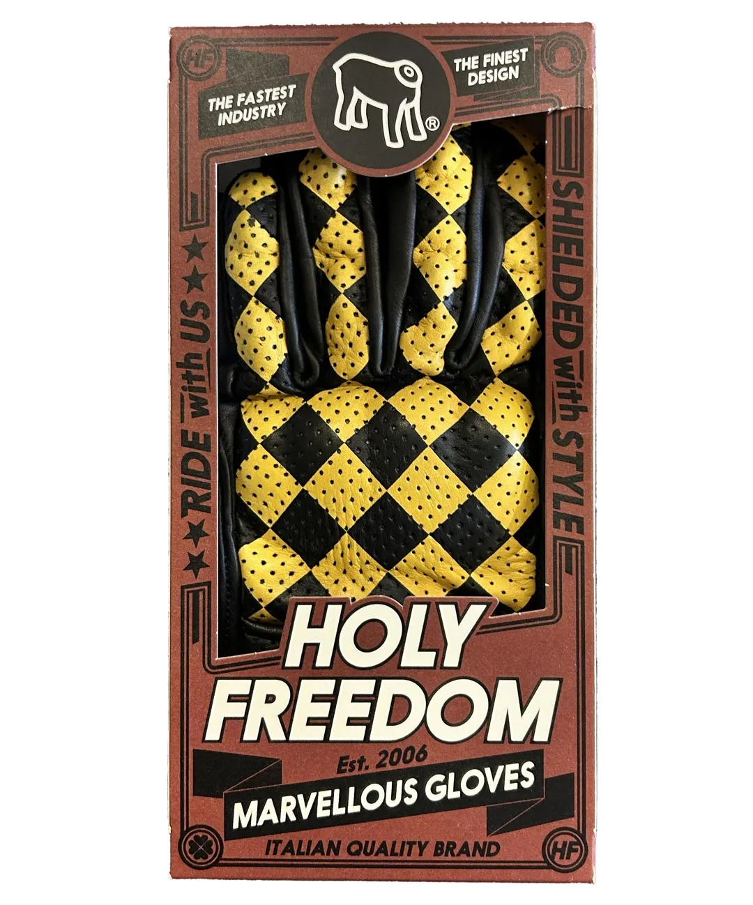 Gants Holyfreedom Bullit jaune, gant cafe racer à damier, coqué