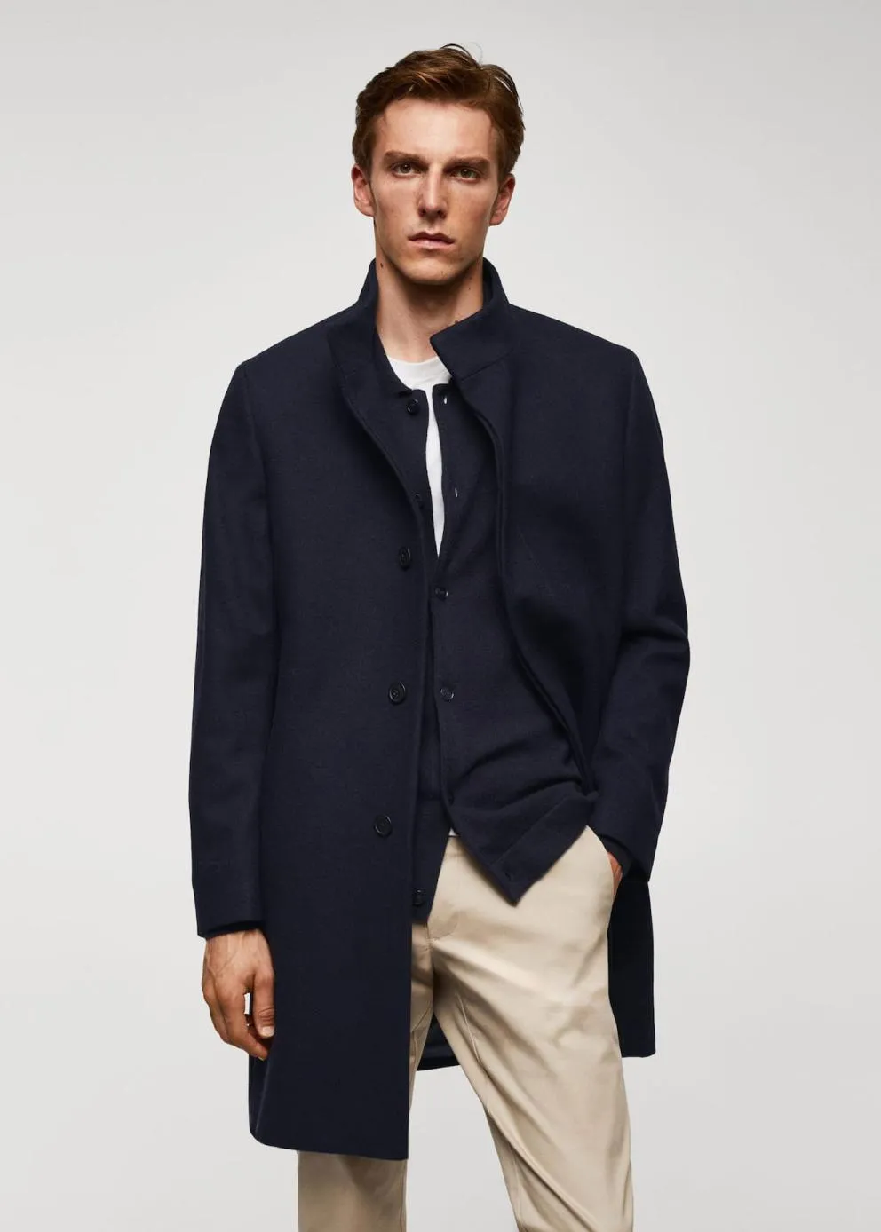 Manteaux | Homme MANGO Manteau En Laine à Col Cheminée Bleu Marine Foncé