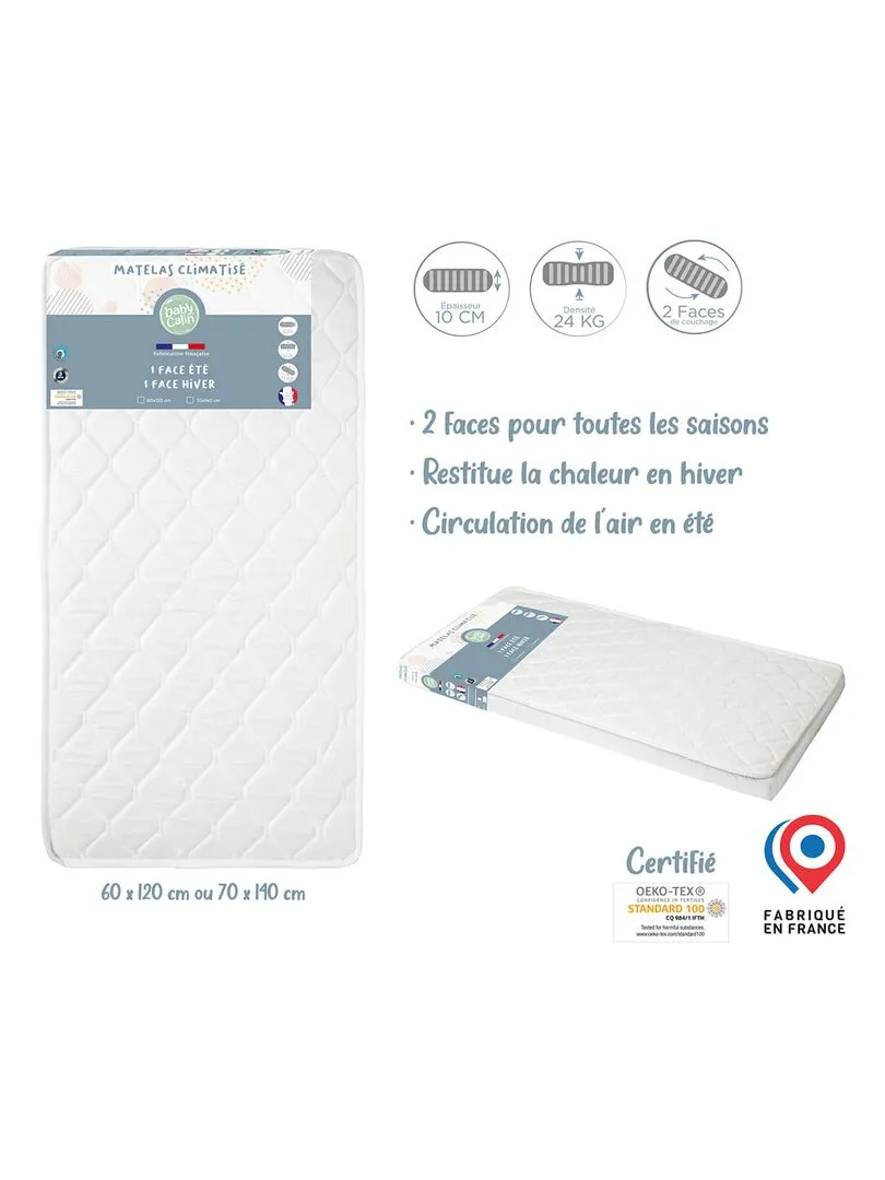 Matelas bébé Climatisé Ete / Hiver - 60x120 cm - Blanc