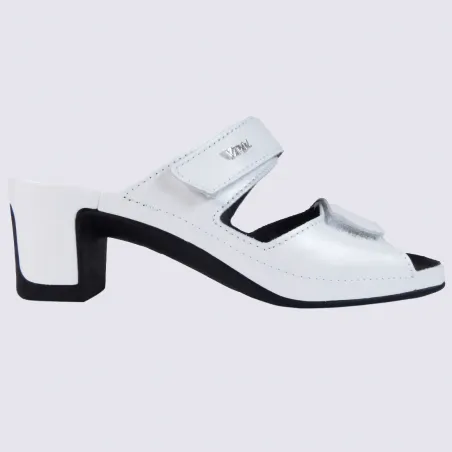 Mules Vital, mules ouvertes à talons conforts femme en cuir blanc brillant| Igert Chaussure&Maroquinerie
