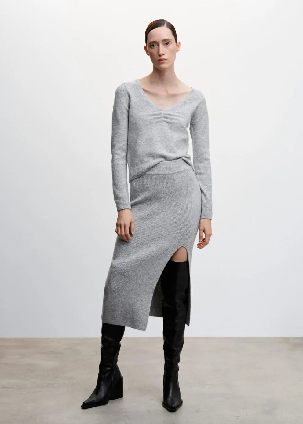 Pulls Et Cardigans | Femme MANGO Pull-over Col V Froncé Gris Chiné Clair