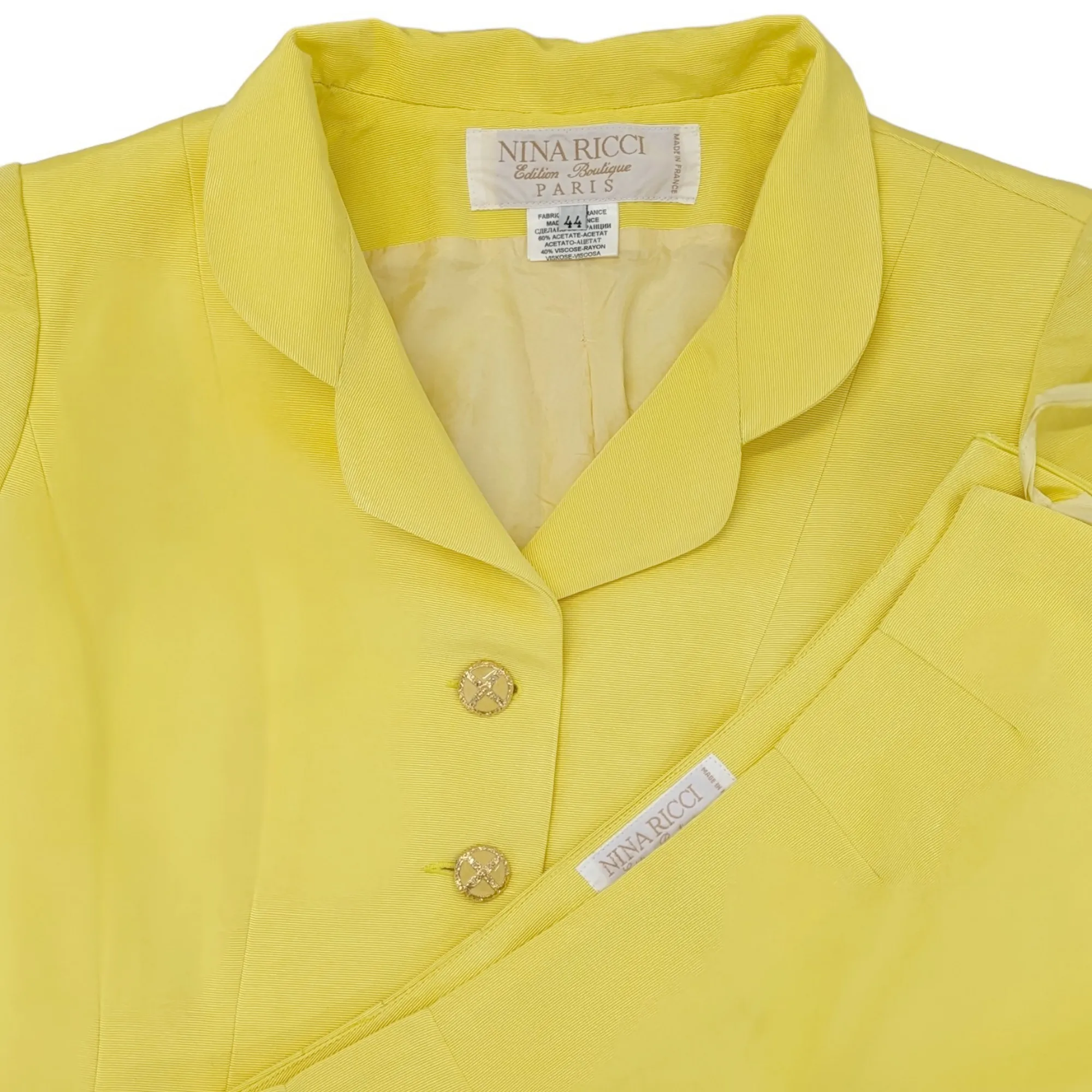 Tailleur Nina Ricci T 44 Ensemble jupe & veste en ottoman jaune lumineux Vintage 80/90's