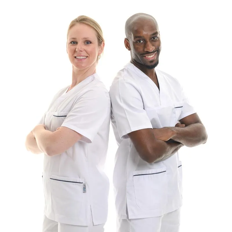 Tunique Médicale Unisexe Blanche Col V Liseré Bleu Marine - MANELLI